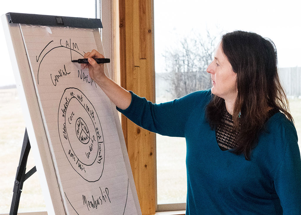 NACM leader Kerry Bebee works on NACM organizational diagram at 2014 Gathering in Saskatoon.