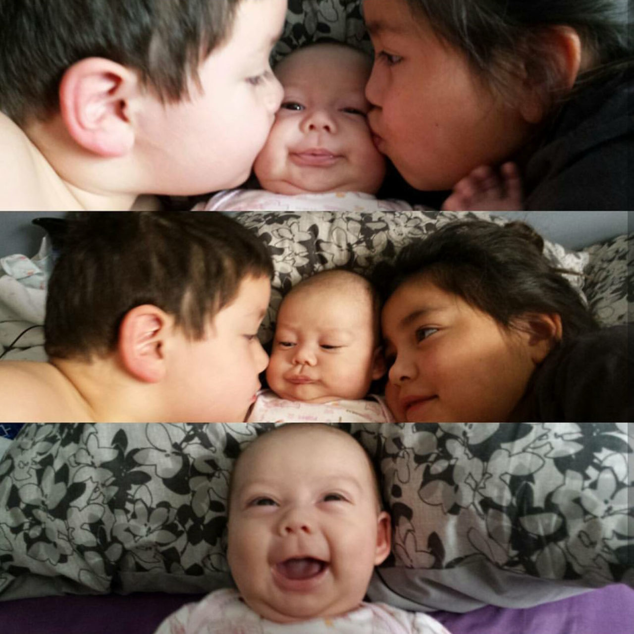 Indigenous children welcome their new sibling with kisses.