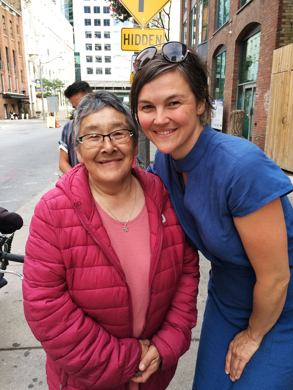 Inuit Elder midwife Leah Qinuajuak with Métis midwife Nathalie Pambrun in Toronto for Core Competencies Workshop, July 2018