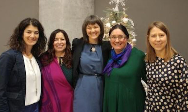 Tonia Occhionero, Ellen Blais, Nathalie Pambrun, Carol Couchie and Alisha Nicole Apale in the lobby at the Status of Women Canada in Ottawa